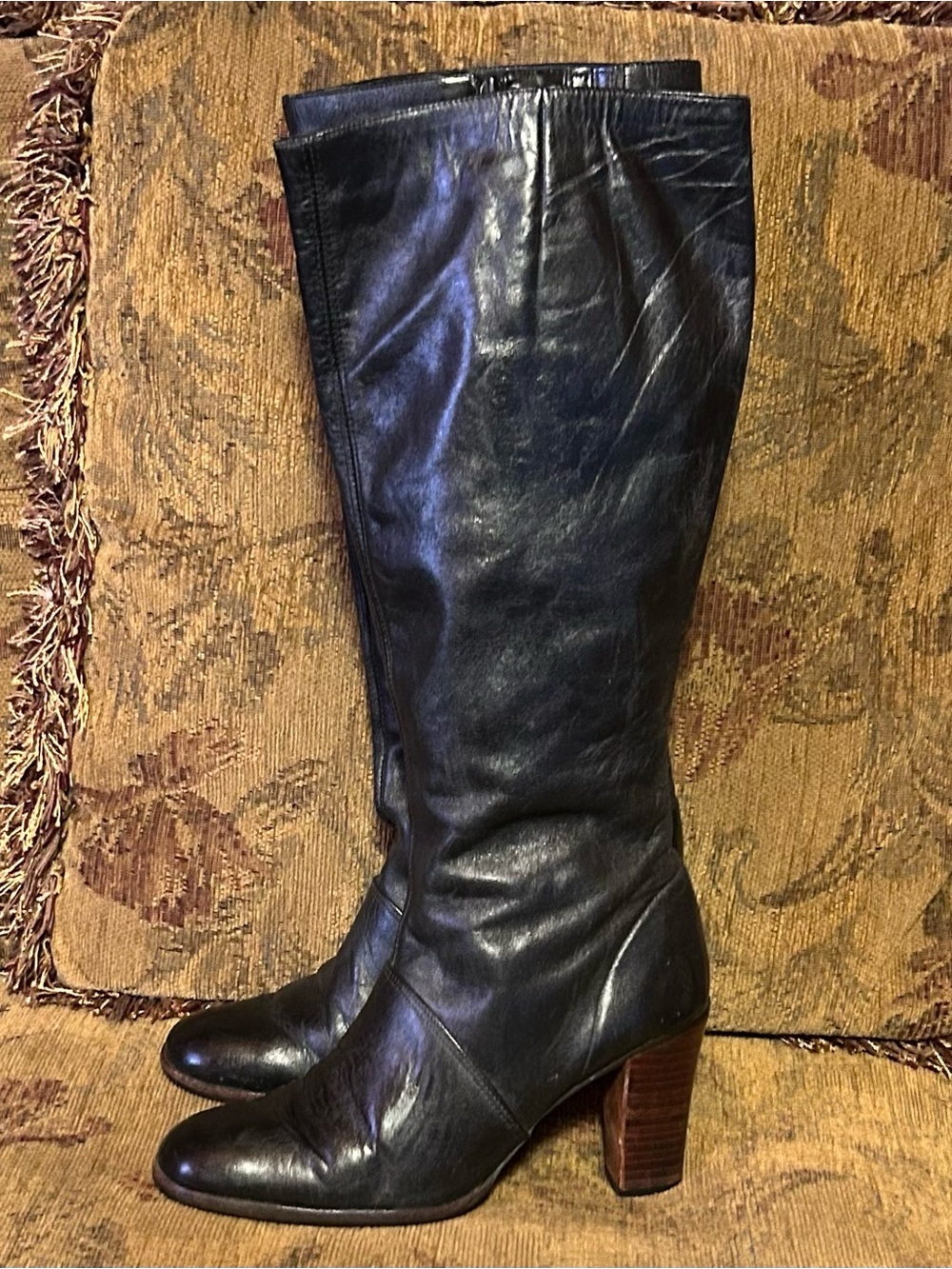 Vintage 80s Corelli Bootalinos Black Leather Knee High Boots Block Heel 7.5